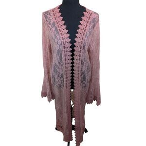 Polly Esther Cardigan Cover Up Pink Long Knit Crochet Bohemian Beach Large